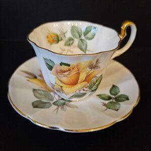 Adderley Fine Bone China Teacup and Saucer Minerve Pattern Yellow Rose England